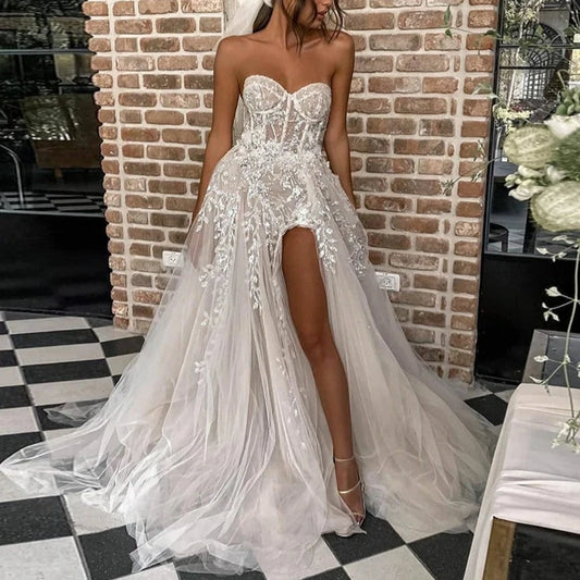 Sleeveless A-Line Wedding Gown with Side Slit
