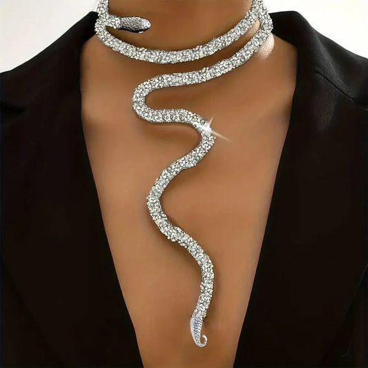 Snake Choker Necklace – Silver Crystal Punk Style