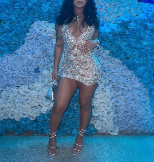 Luxury Silver Diamond V-Neck Short Prom Dress