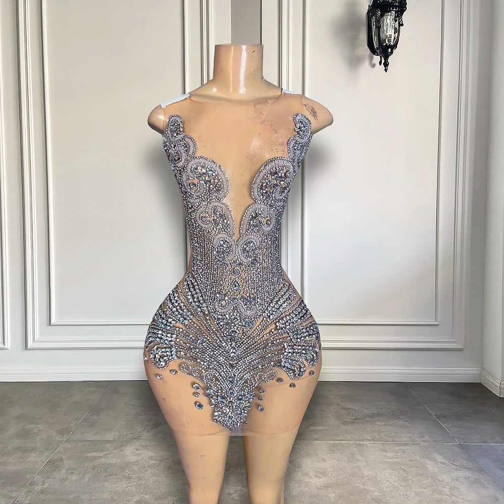 Golden Diamond Crystal Sheer Mini Prom Dress