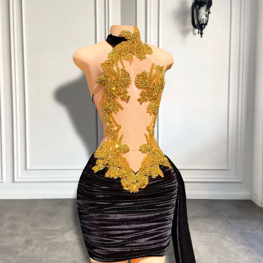 Luxury Gold Crystal-Embellished Black Velvet Mini Dress