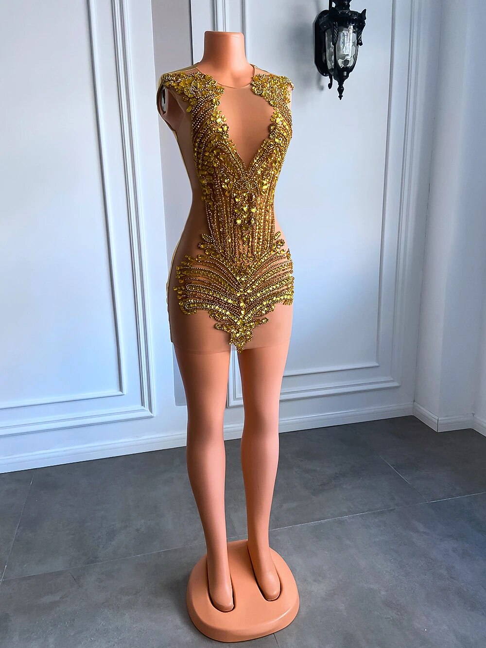 Luxury Gold Mini Prom Dress Sparkly Sheer Cocktail Gown