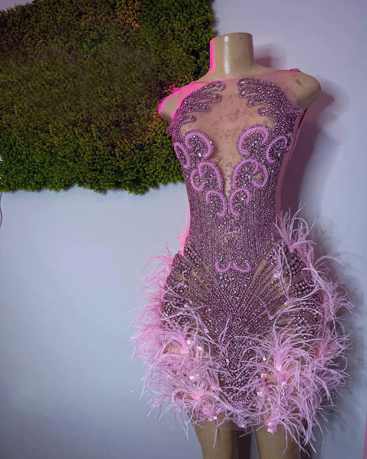 Luxurious Sparkling Mini Prom Dress with Diamond and Feather