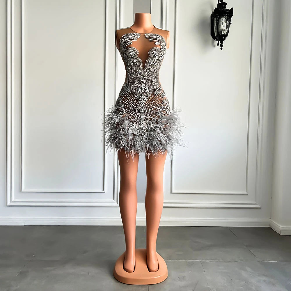 Luxurious Sparkling Mini Prom Dress with Diamond and Feather