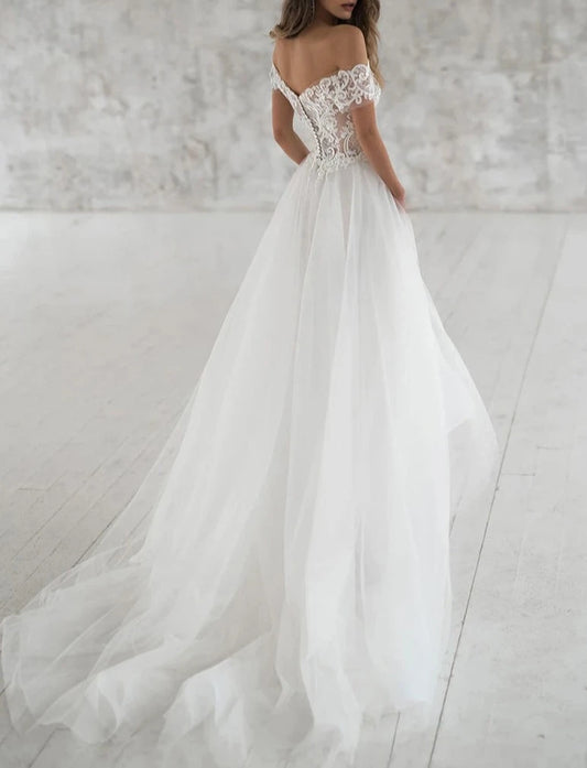 Elegant Lace Off The Shoulder A-Line Wedding Gown