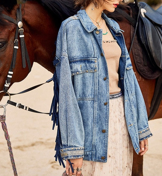 Riveted Tassel Embroidered Long Sleeve Denim Coat