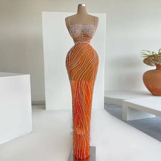 Orange Rhinestone Luxury Prom Dresses for Girls Sexy