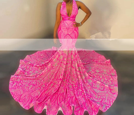 Halter V-neck Sleeveless Hot Pink Sequined Mermaid Style Gowns