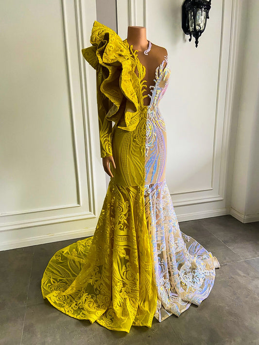 キラキラ輝くロングプロムドレス 長袖 黄色とシルバー