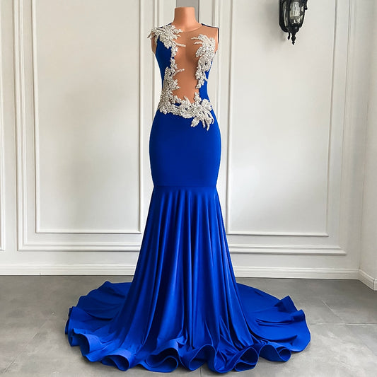 Sparkly Silver Embroidery Gowns Royal Blue Prom