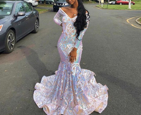 V-neck Off The Shoulder Mermaid Style Sparkly Sequin Gowns