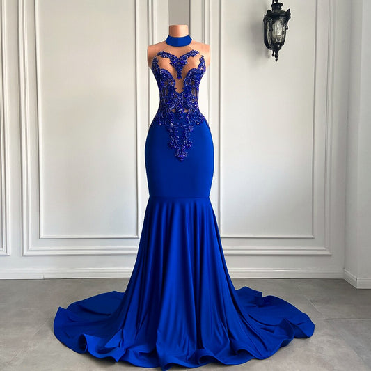 Elegant High Neck Beaded Embroidery Royal Blue Gowns