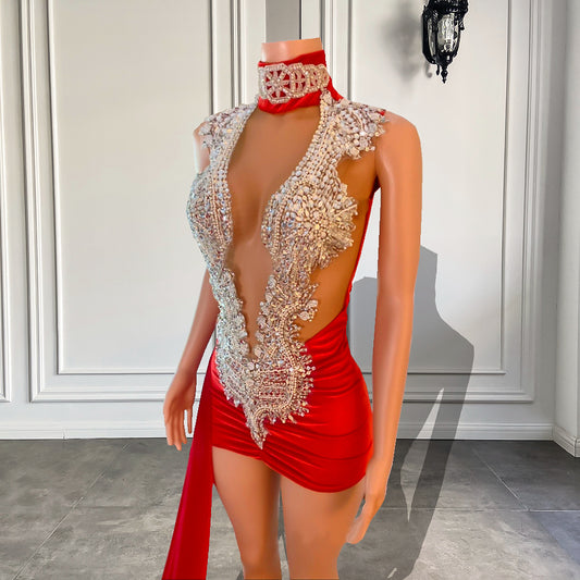 豪華なショートプロムドレス キラキラビーズクリスタル レッドベルベット