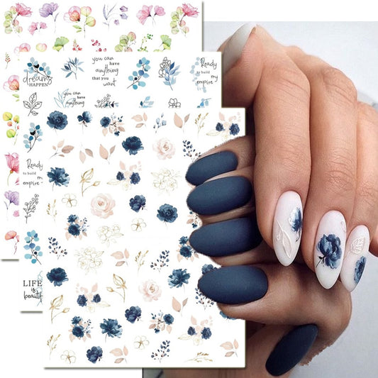ネイルデカール ロイヤルブルー 水彩 花 葉 ネイルステッカー