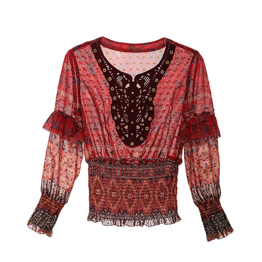 ビーズ付きVネック 伸縮性のある袖口 ボヘミアンシフォン 長袖シャツ
