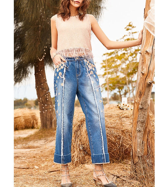 Women 3D Beaded Embroidery Cropped Pants Wide Leg Jeans