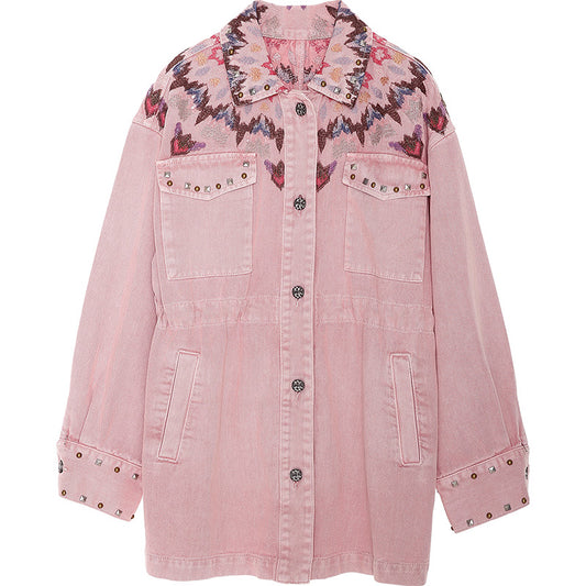 Spring Chic Style Sweet Embroidered Waistband Pink Denim Jacket