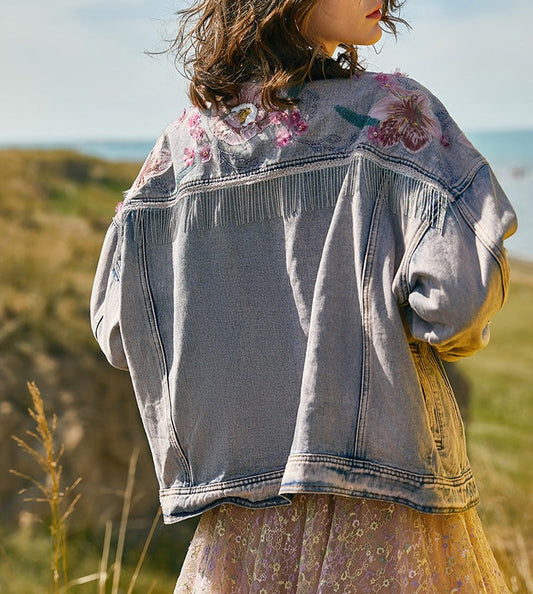 Women Embroidery Tassel Print Embroidery 3D Flower Denim Coat
