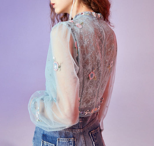 レディース 刺繍入り ショート スパンコール パッチワーク シフォン レース ブルー シャツ