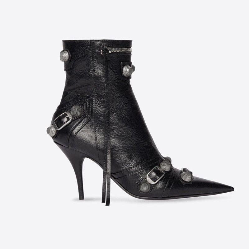 Pointed Toe Women's Short Boots Metal Rivet Tassel