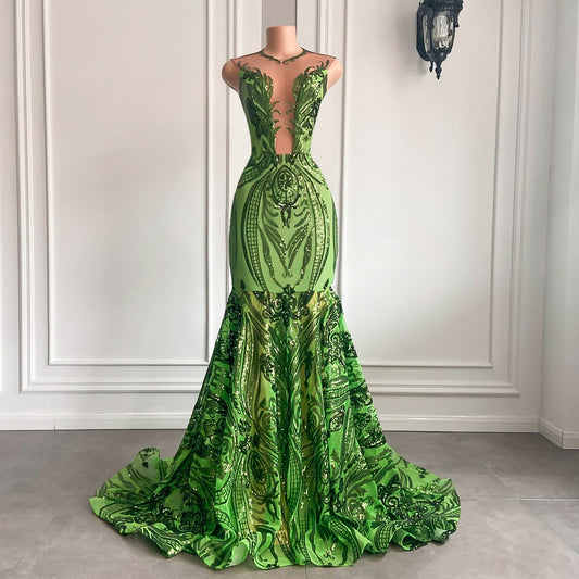 セクシーなマーメイドシースルーOネックミントグリーンプロムガウン