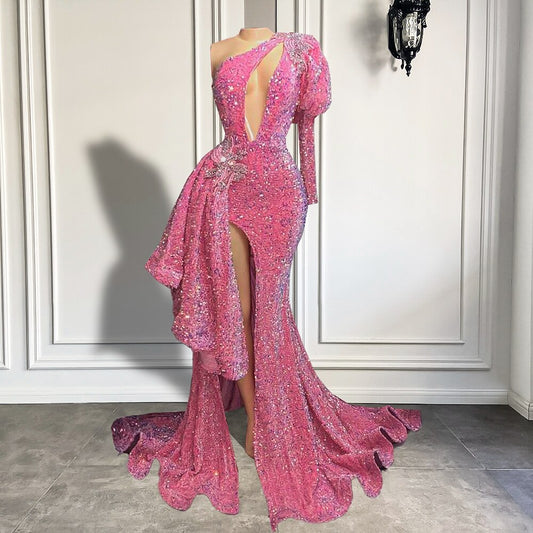 セクシーなハイスリットのキラキラ輝く赤いスパンコールのマーメイドプロムドレス