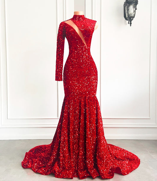 High Neck Sexy Mermaid Style Sparkly Red Sequin Gowns