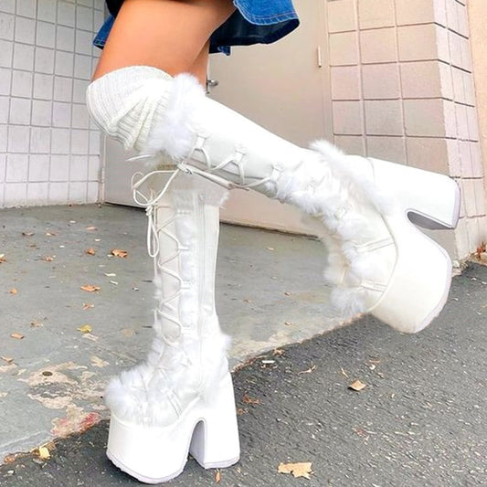 Winter Fur Women Boots Gothic Platform High Heels Cosplay Chunky