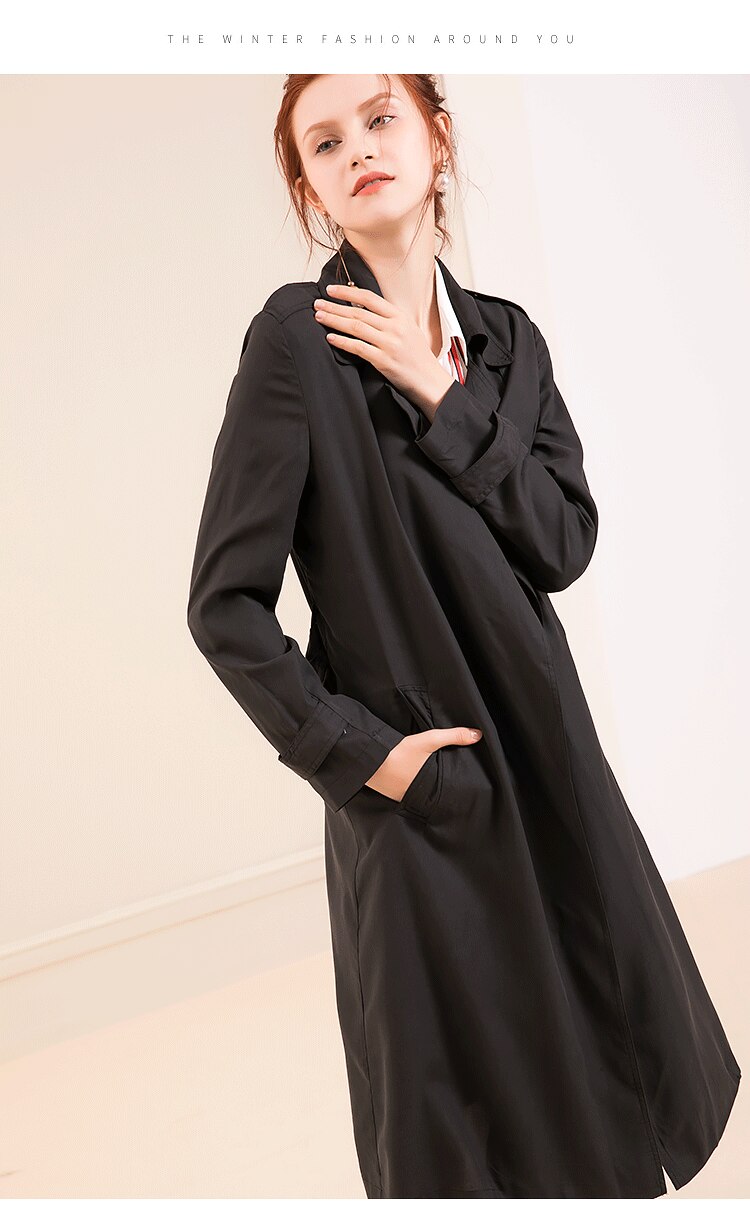 Women Silk Trench 100%Real Silk Black Coat