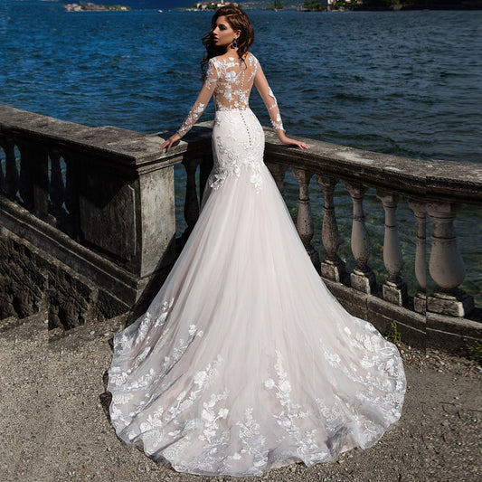 Sexy Illusion Wedding Dresses Mermaid Scoop Long Sleeve