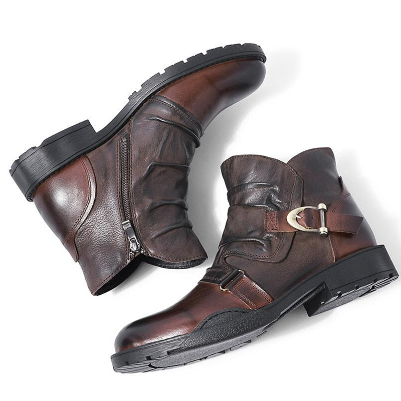 Trendy Buckle Belt Boots Men Full Grain Leather