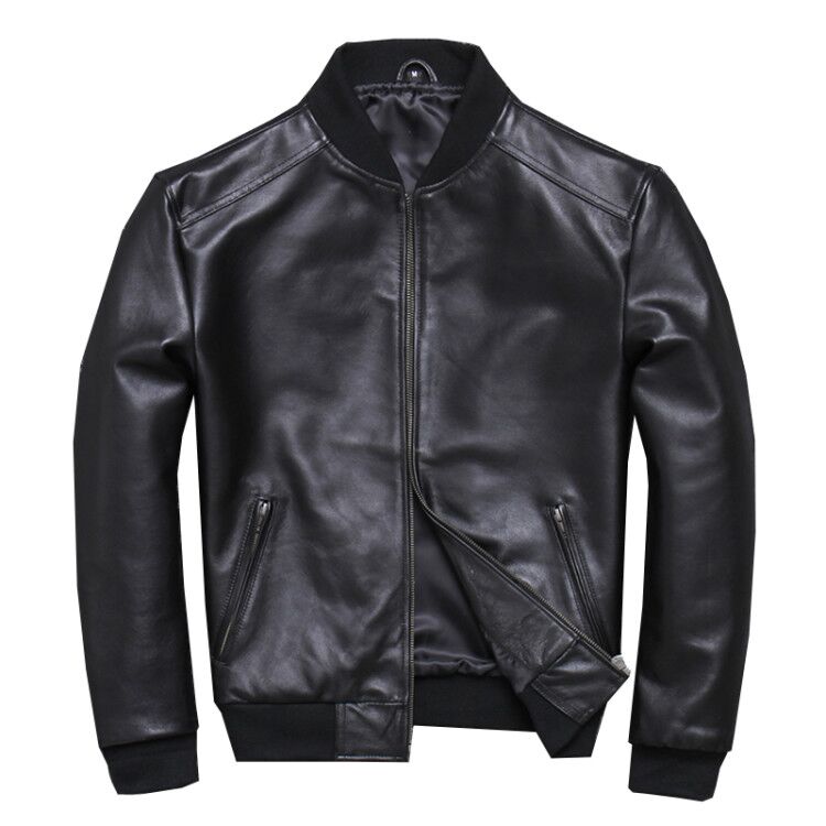 Mens Slim Genuine Leather Jacket Baseball Coat