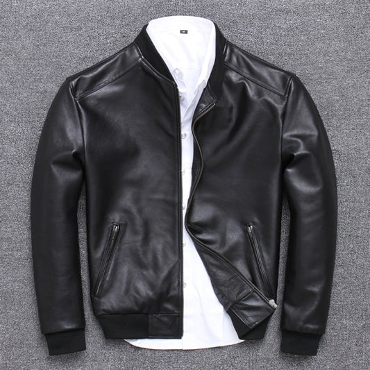 Mens Slim Genuine Leather Jacket Baseball Coat