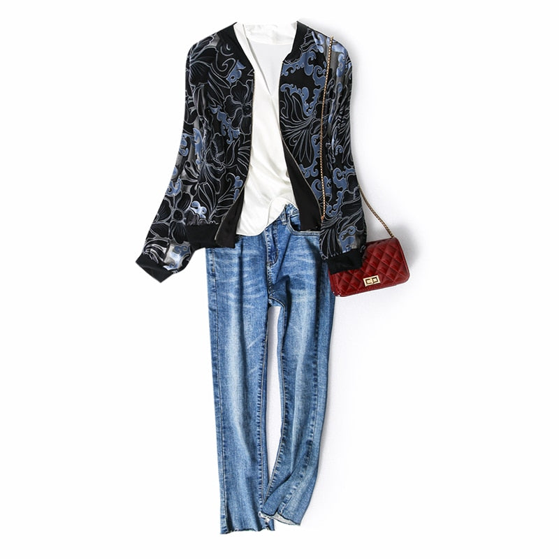 Women Jacket 100%Real Silk Zipper Outwear