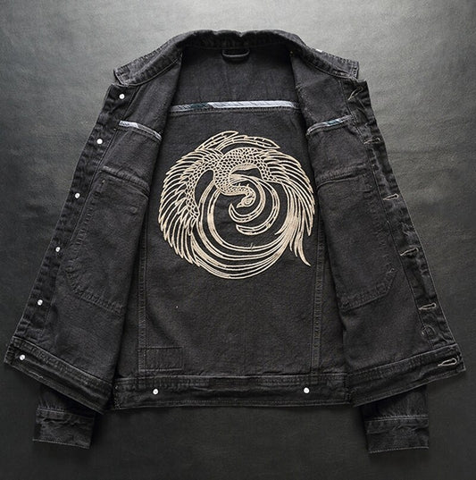 casual men denim jacket retro embroidery