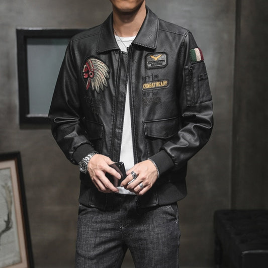 Men Leather Jacket Lapel Embroidery Motorcycle Jacket