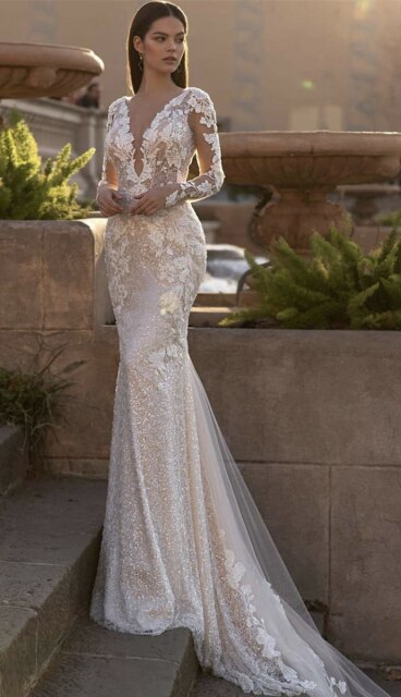 Mermaid Wedding Dress V-Neck Lace