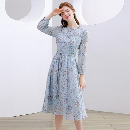 レディース シフォン フローラルプリント ドレス ハーフスリーブ