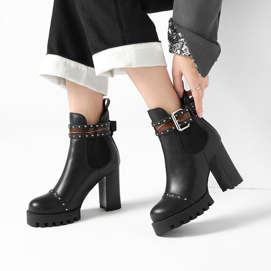 Genuine Leather Ankle Boots Round Toe Women