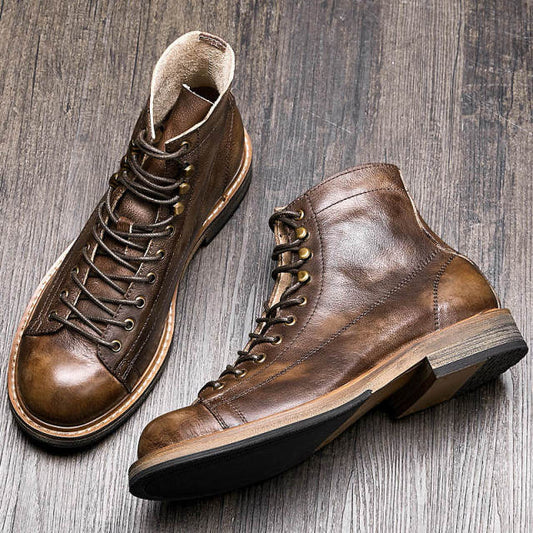 Retro Big Round Toe Men Work Boots British Style