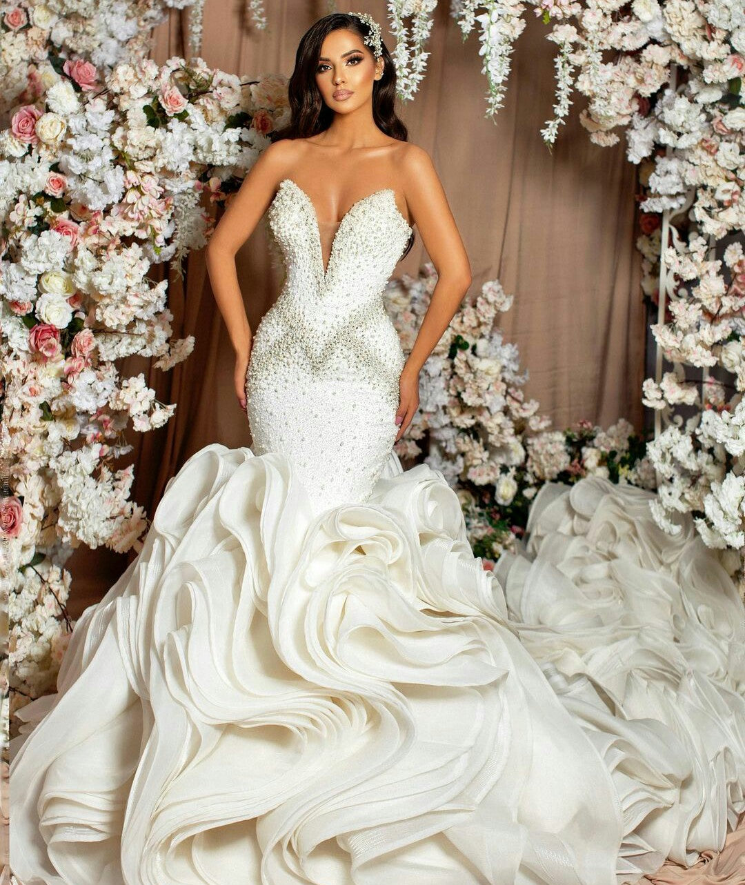 Luxury Mermaid Wedding Dresses with Ruffles Tiered Pearls Beads