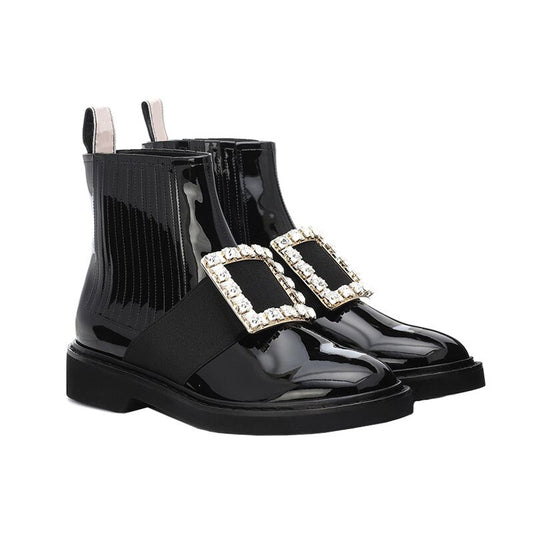 Leather Ankle Boots Women Metal Crystal