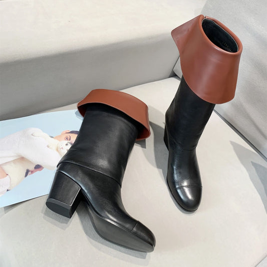 Chunky High Heels Women Genuine Leather Mid-Calf Boots