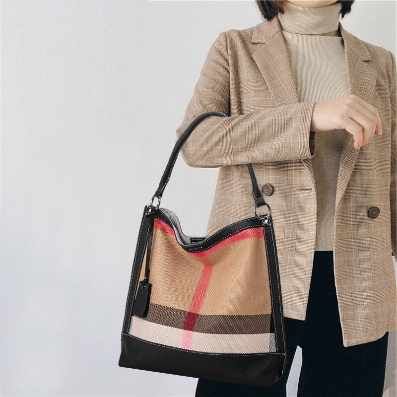 Genuine leather with canvas handbag women