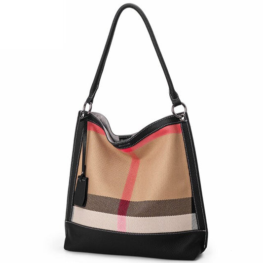 Genuine leather with canvas handbag women