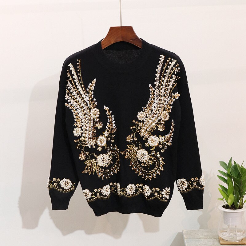 Women Beading Embroidery Knitted Sets Sweater