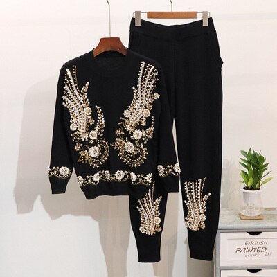 Women Beading Embroidery Knitted Sets Sweater