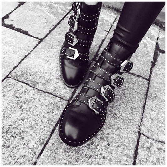 Black Leather Studded Ankle Boots For Women