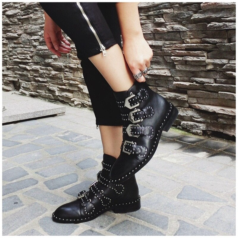 Black Leather Studded Ankle Boots For Women