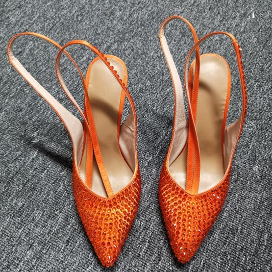 Orange Rhinestone High Heel Pumps Shinny